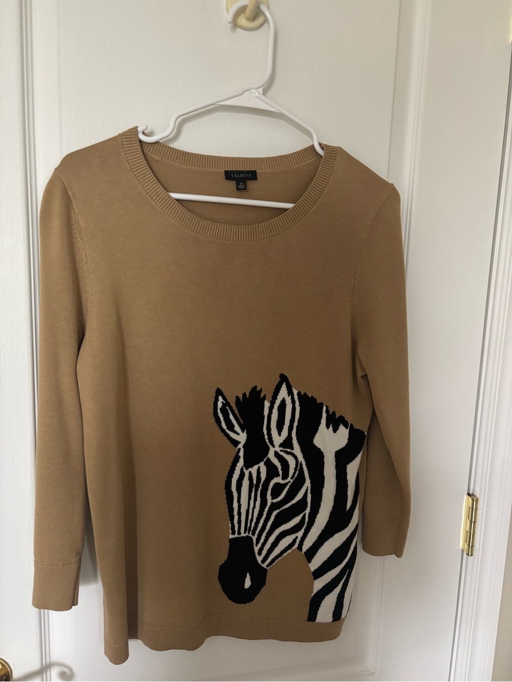 Talbots Camel Sweater with Black and White Zebra Motif